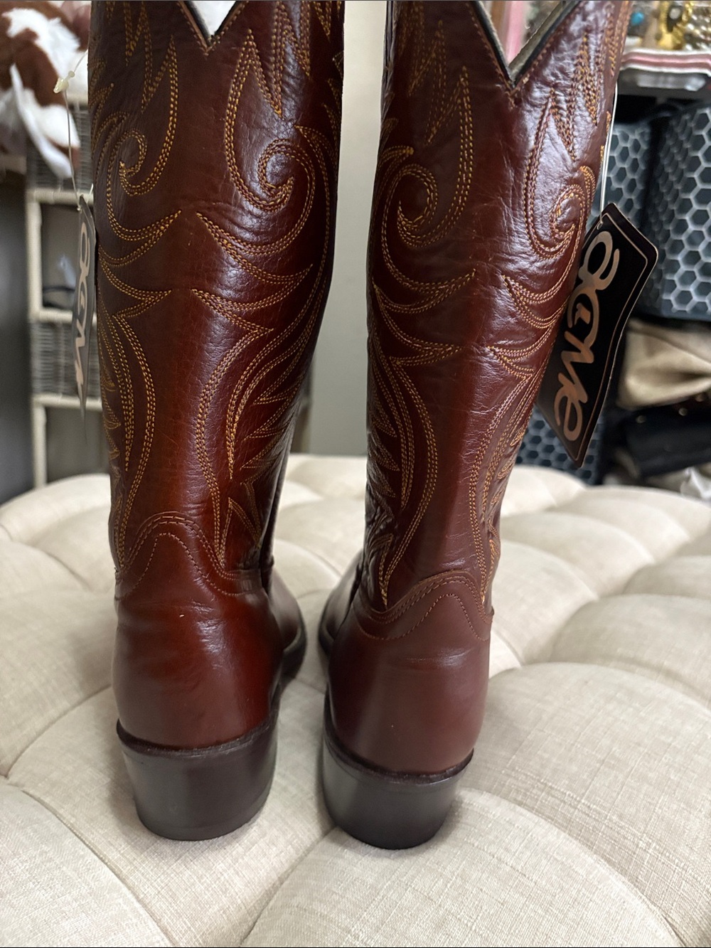 ACME Brown Leather Western Heeled Boots with Stitch Detail - Picture 4 of 11